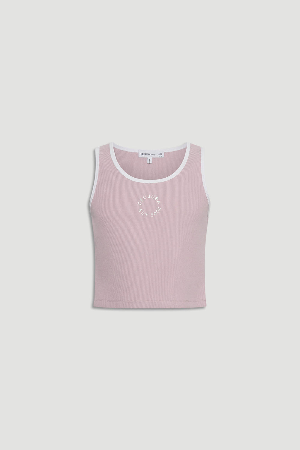 Soft plum cropped tank with white trim and subtle circular logo detail for girls' casual summer wear