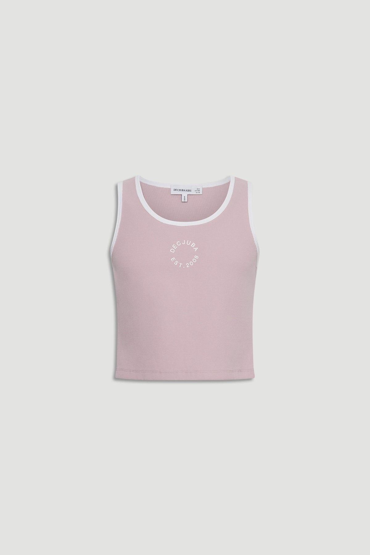 Soft plum cropped tank with white trim and subtle circular logo detail for girls' casual summer wear