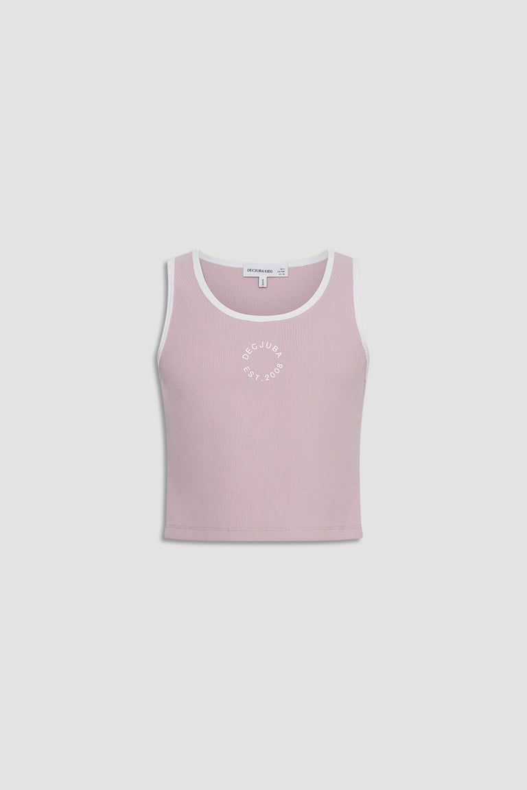 Soft plum cropped tank with white trim and subtle circular logo detail for girls' casual summer wear