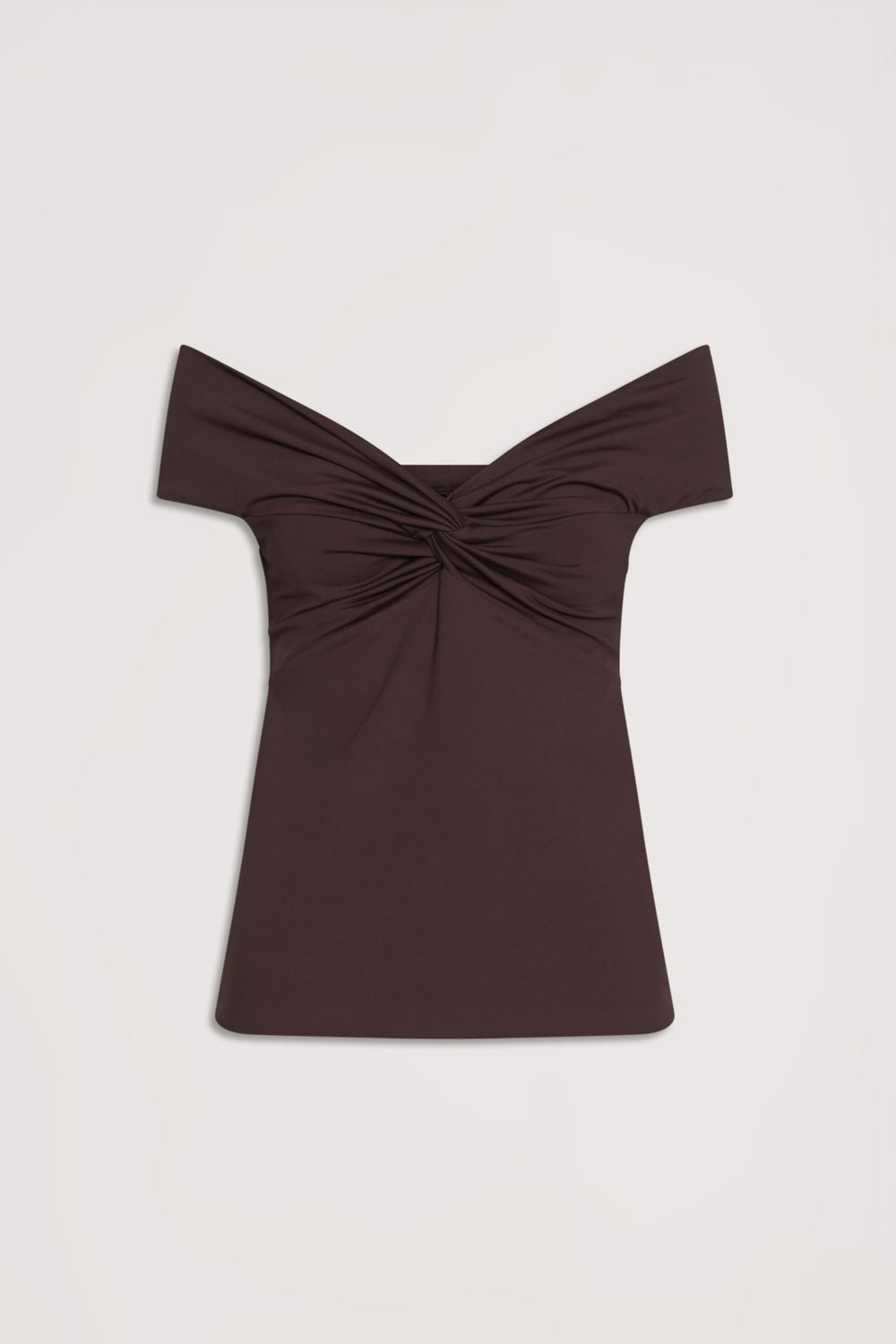 Amy Off Shoulder Twist Top in rich brown with soft stretch fabric and twist front detail, gallery position 4 portrait view.