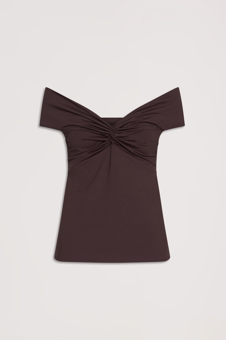 Amy Off Shoulder Twist Top in rich brown with soft stretch fabric and twist front detail, gallery position 4 portrait view.