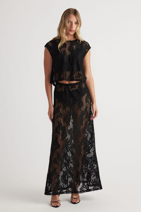 Lace Maxi Skirt in black sheer floral lace with high waist and flowy silhouette by DECJUBA Australian fashion brand