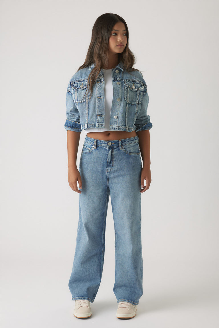 Front view of Girls Hailey Wide Leg Jean in light blue denim with relaxed fit and high waist by Decjuba Australian brand