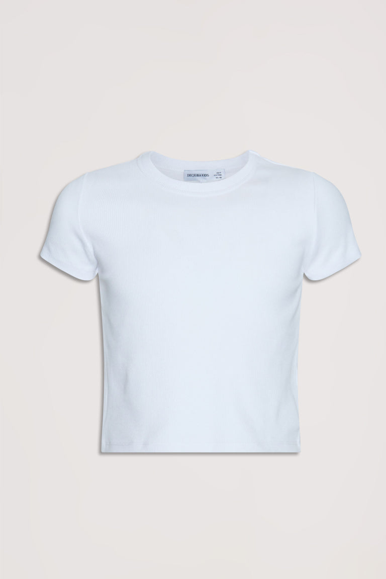 Crisp white girls' crop tee featuring a soft texture and classic crew neck for versatile everyday layering.
