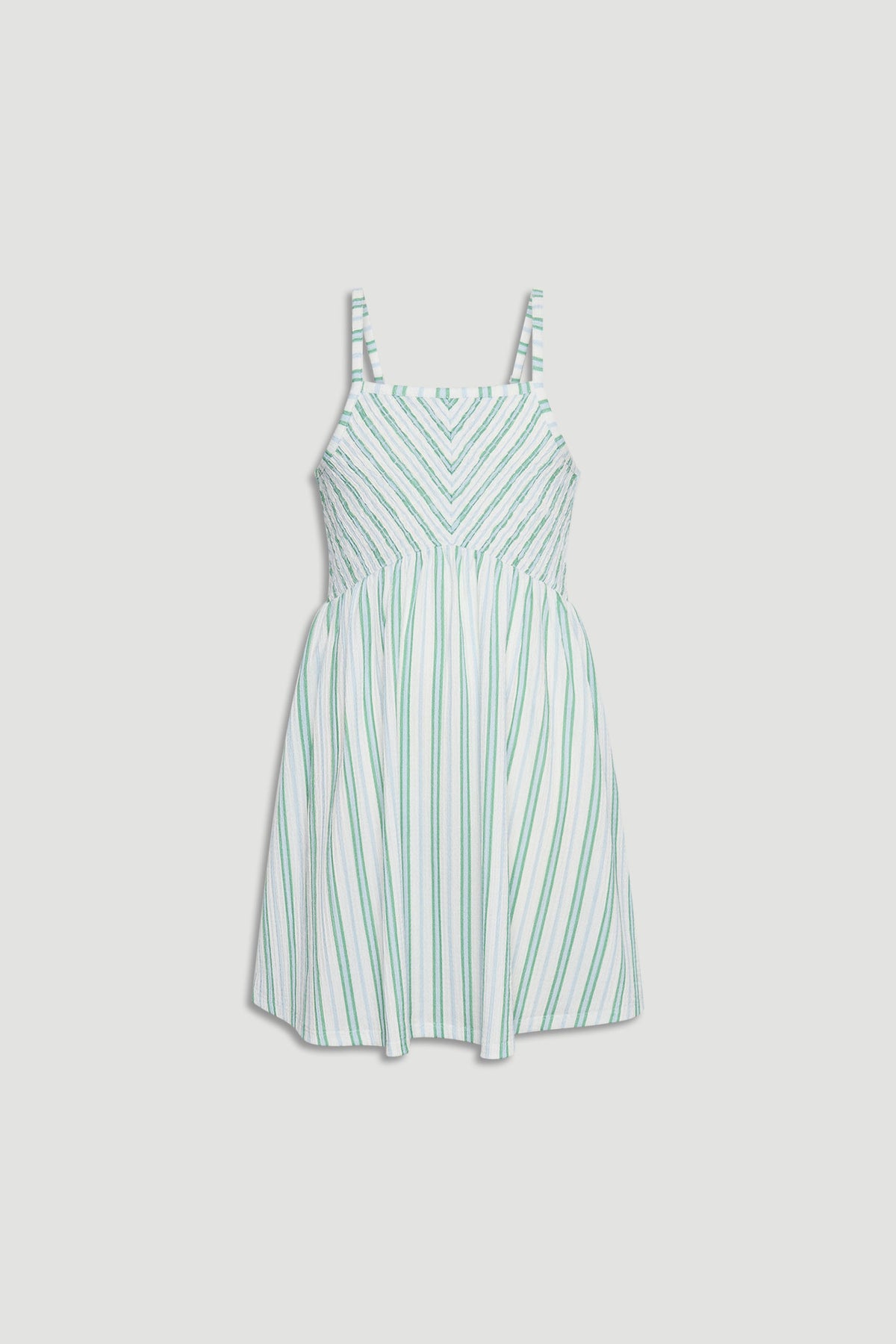 Light green and white striped girls dress with shirred bodice and thin shoulder straps for a breezy look