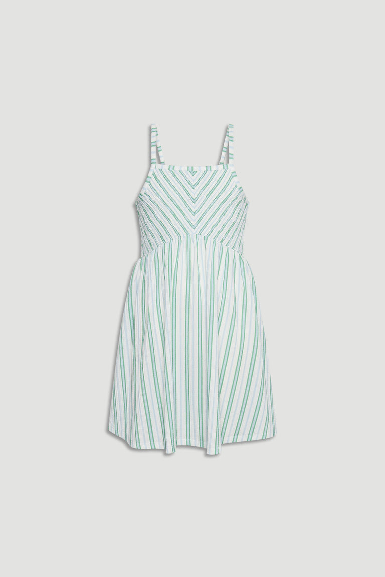 Light green and white striped girls dress with shirred bodice and thin shoulder straps for a breezy look
