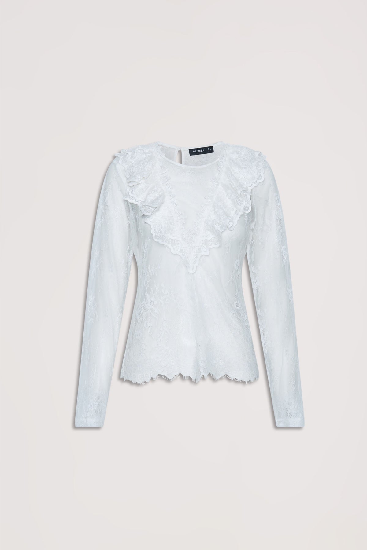 White lace long-sleeve top with delicate ruffle detailing along the neckline and hem for a feminine touch