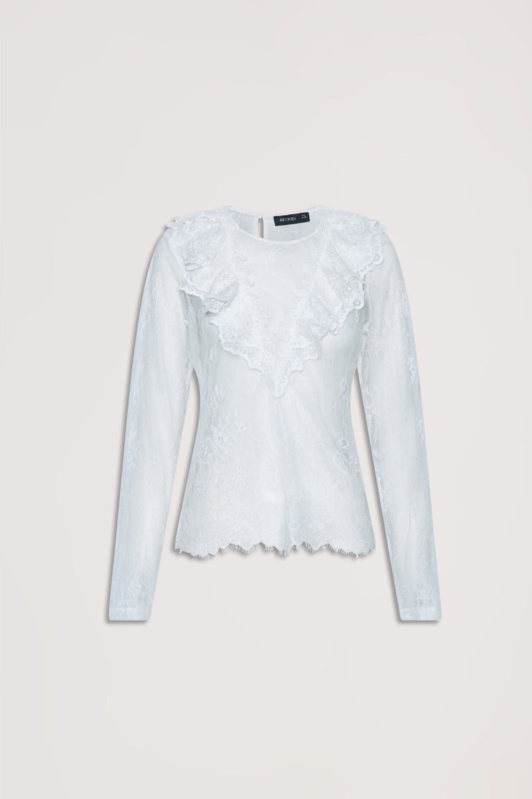 White lace long-sleeve top with delicate ruffle detailing along the neckline and hem for a feminine touch