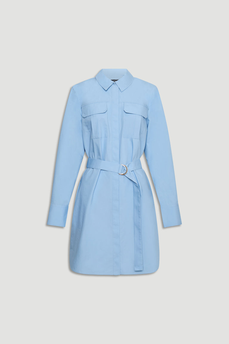 Light blue belted shirt dress with front flap pockets and long sleeves for a polished, versatile look.