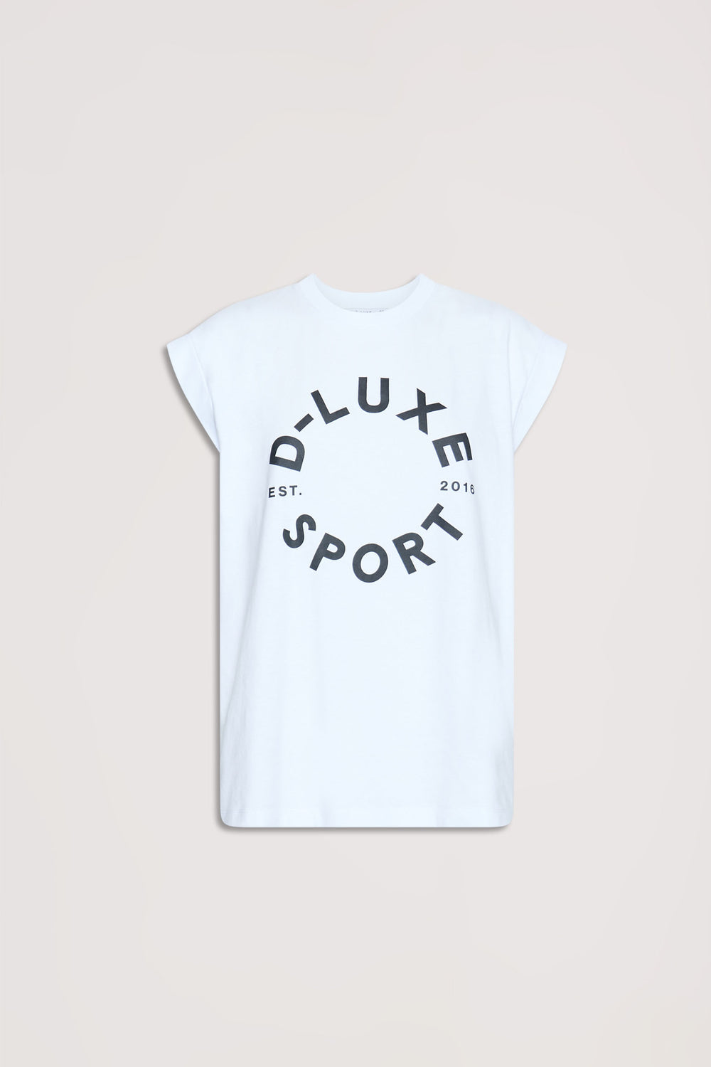 White sleeveless tank with rolled cuffs featuring bold circular graphic text for a casual, sporty look