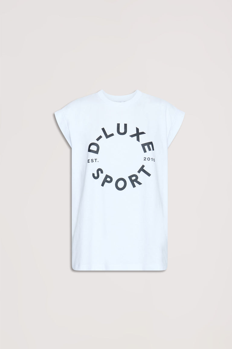 White sleeveless tank with rolled cuffs featuring bold circular graphic text for a casual, sporty look