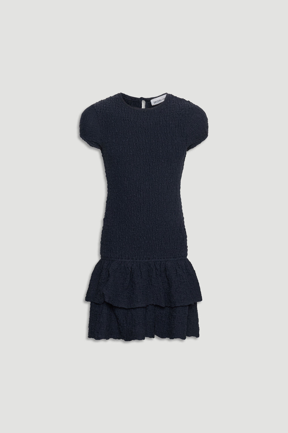Navy blue shirred girls dress with short sleeves and layered ruffle hem, perfect for casual and special occasions.