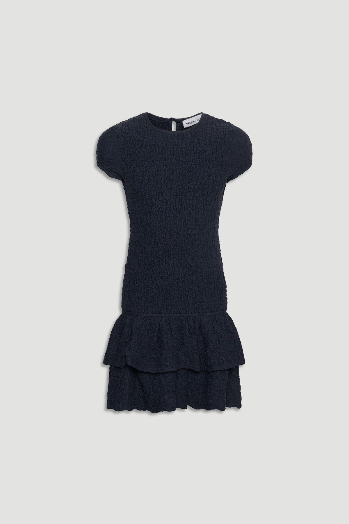 Navy blue shirred girls dress with short sleeves and layered ruffle hem, perfect for casual and special occasions.