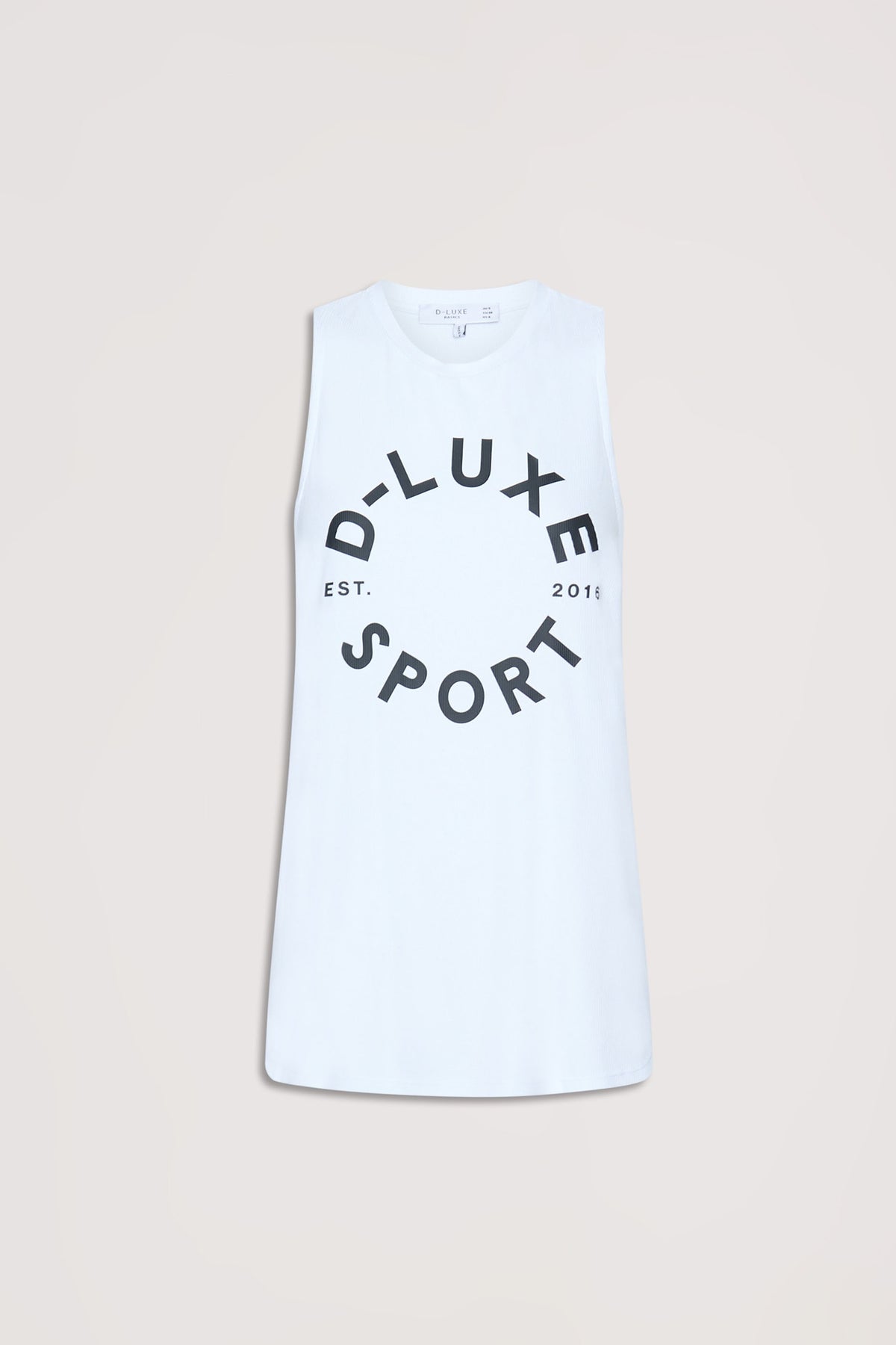 White sleeveless bamboo tank top with bold black "D-Luxe Sport" graphic for casual, sustainable style