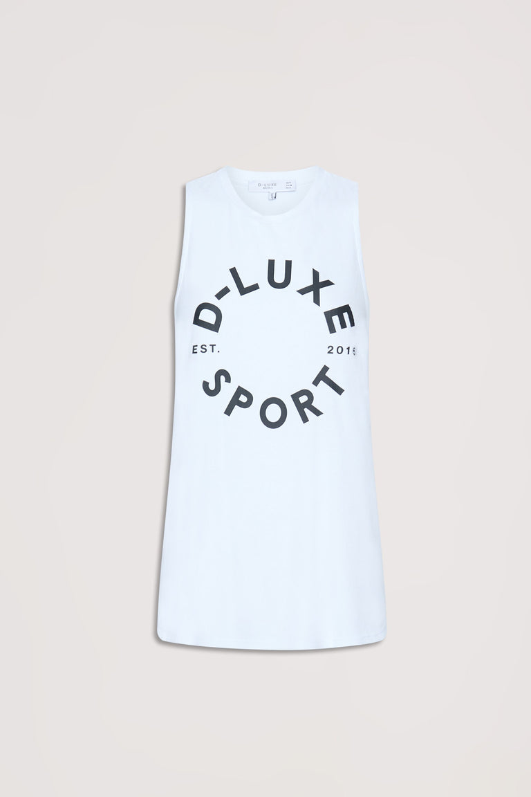 White sleeveless bamboo tank top with bold black "D-Luxe Sport" graphic for casual, sustainable style