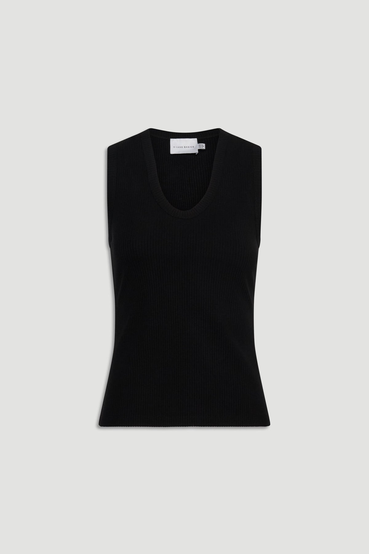 Black ribbed scoop neck tank top with a fitted silhouette, offering a sleek and versatile layering piece.
