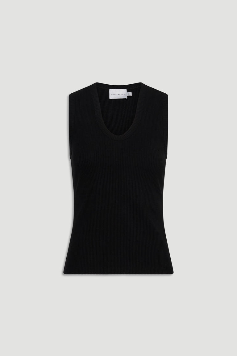 Black ribbed scoop neck tank top with a fitted silhouette, offering a sleek and versatile layering piece.