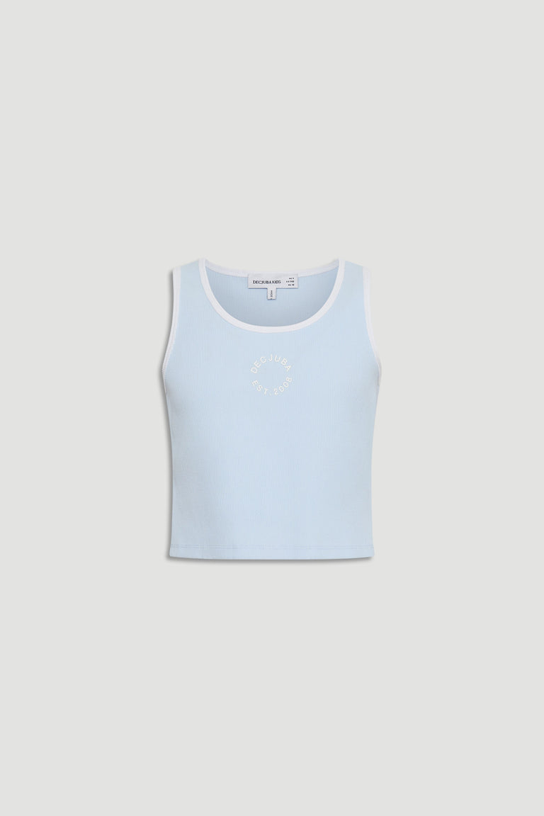Light blue cropped tank with white trim and subtle circular logo detail for girls' casual summer wear