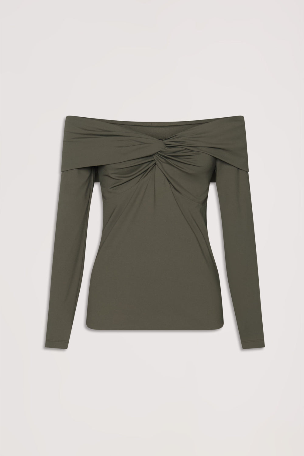 Olive green long sleeve top with off-shoulder twist detail, offering a sleek and versatile everyday look.