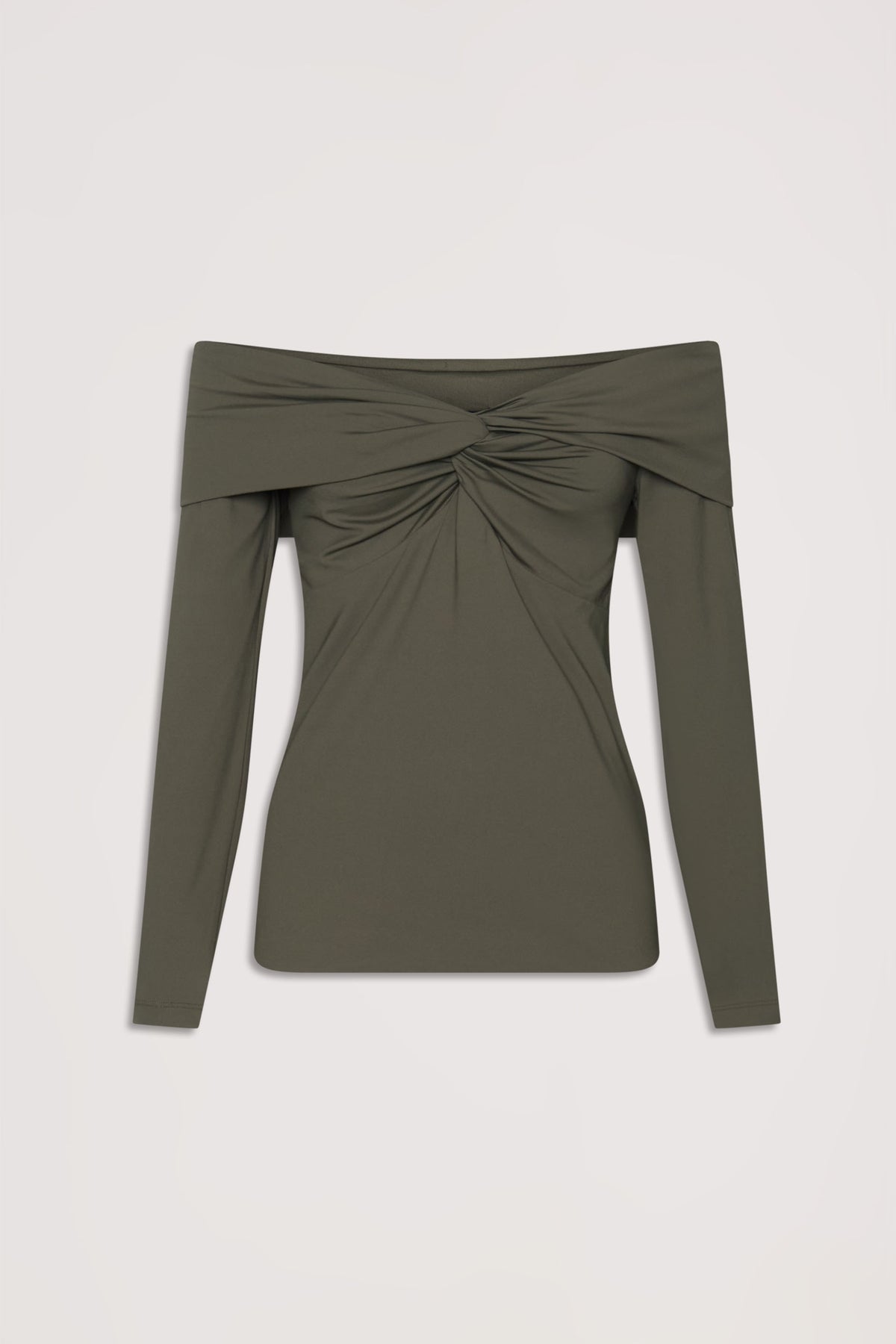Olive green long sleeve top with off-shoulder twist detail, offering a sleek and versatile everyday look.