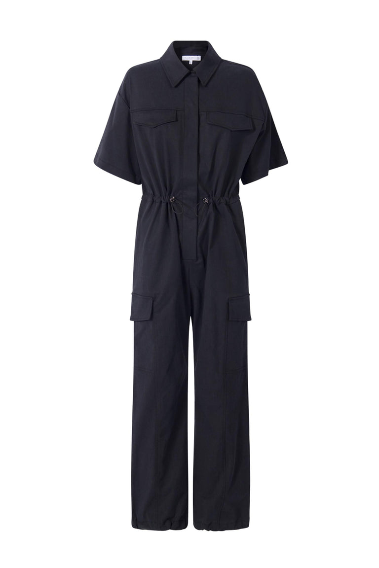 Black collared cargo jumpsuit with short sleeves, snap front, elasticated waist and functional side pockets