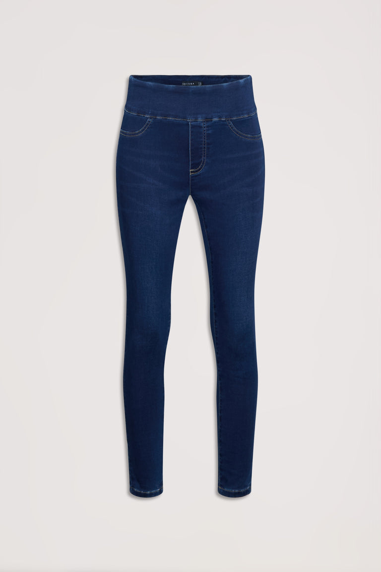 Dark indigo crop skinny jeans with stretch fabric and a smooth high-rise waistband for a sleek fit.