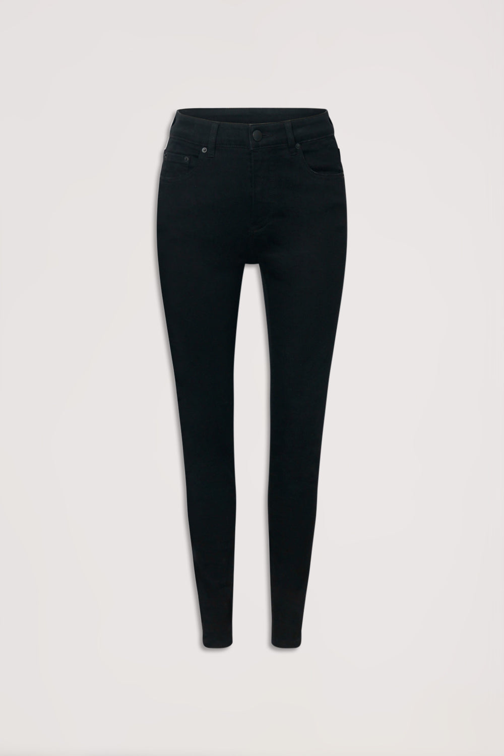 Black high-rise skinny jeans with classic five-pocket design for a sleek and versatile denim essential.