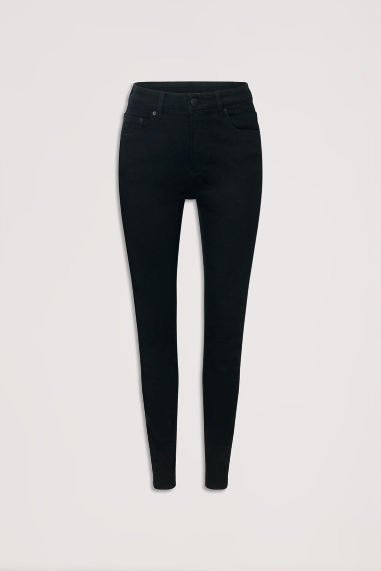 Black high-rise skinny jeans with classic five-pocket design for a sleek and versatile denim essential.