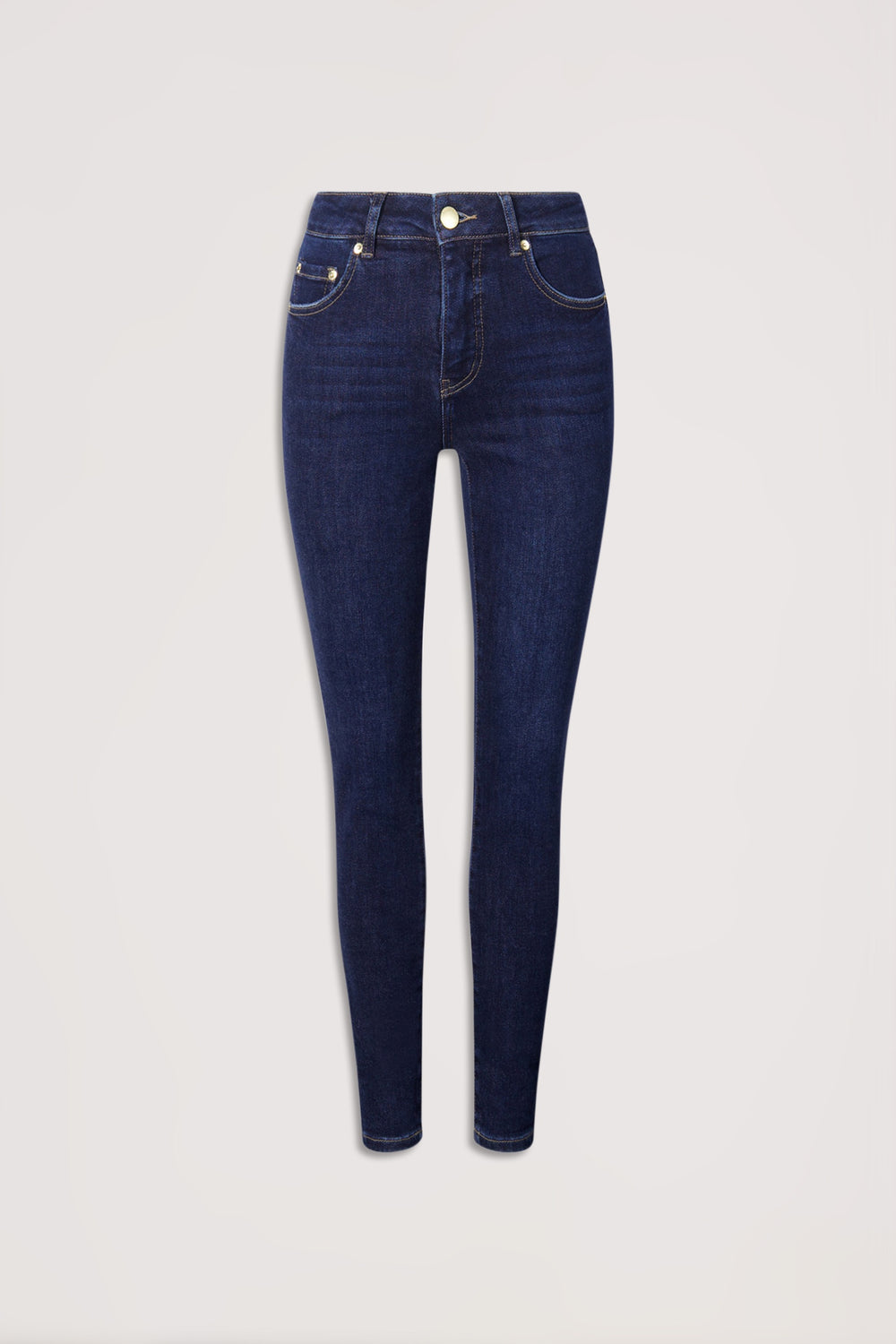 Dark indigo high-rise skinny jeans with classic five-pocket styling for a sleek, modern denim look.