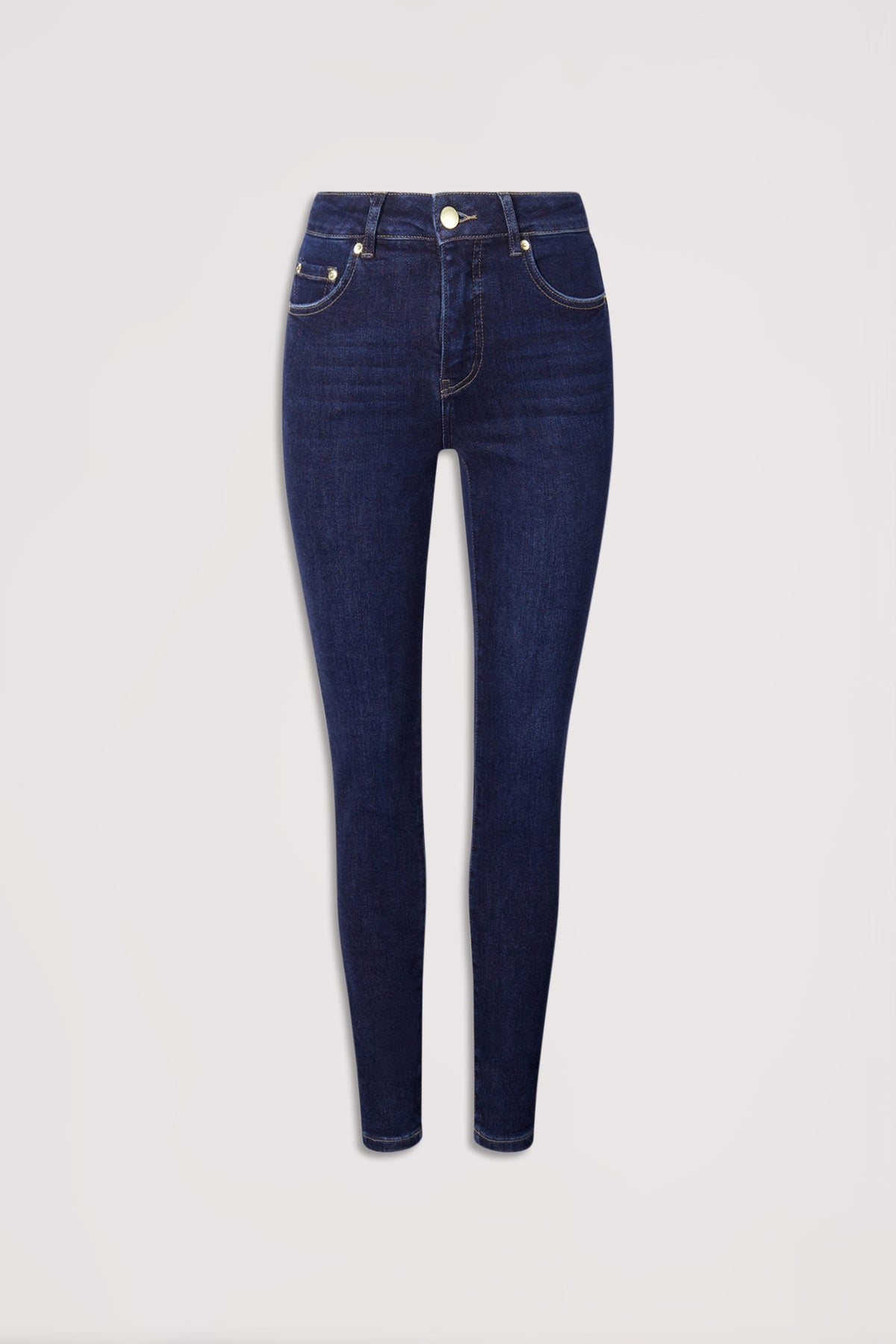 Dark indigo high-rise skinny jeans with classic five-pocket styling for a sleek, modern denim look.