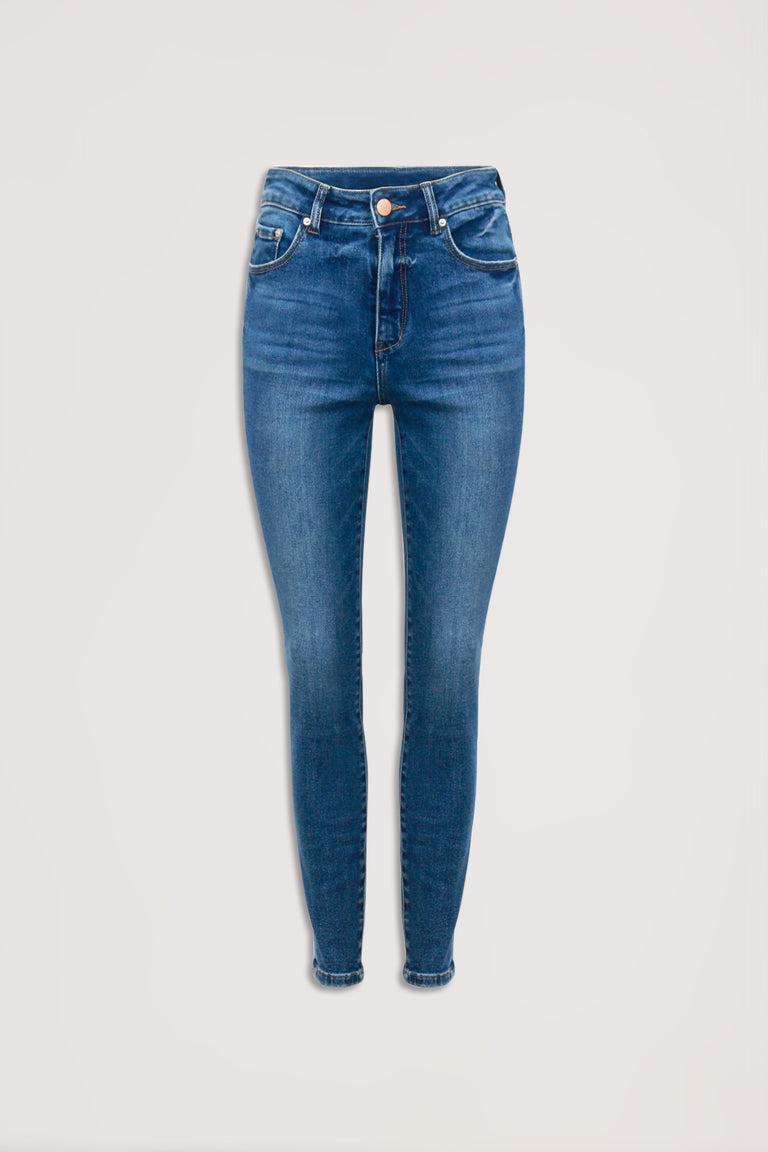 Evie High Rise Skinny Jean in classic blue denim, high rise fit, ankle length, gallery position 4 portrait view.