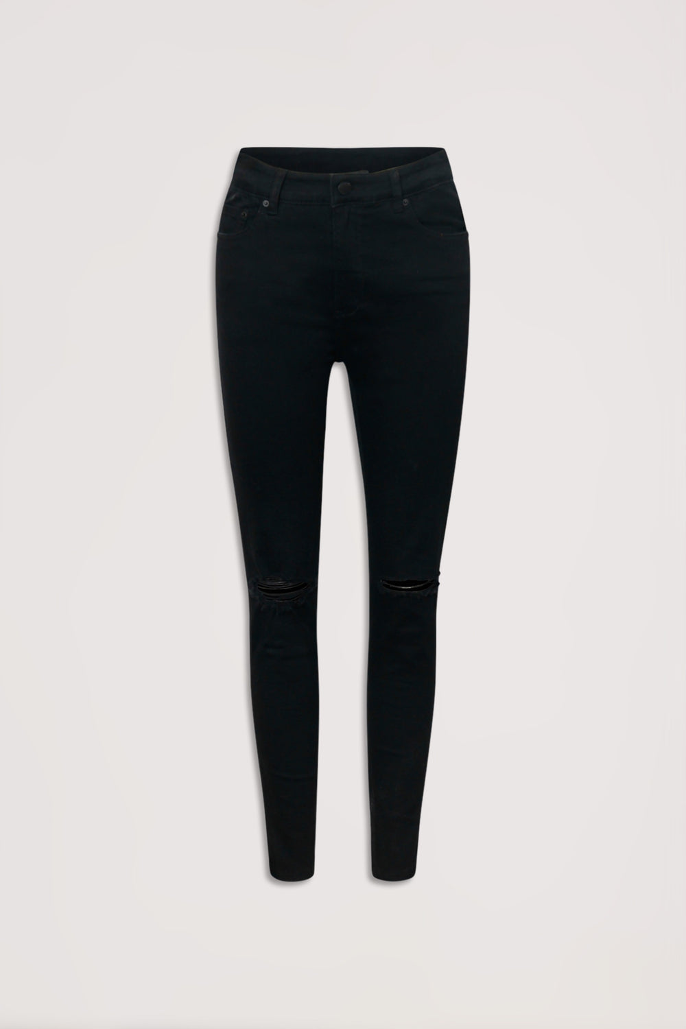 Black slim-fit jeans with subtle knee distressing displayed against a neutral background