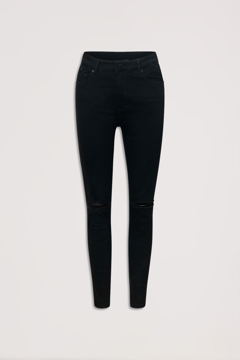 Black slim-fit jeans with subtle knee distressing displayed against a neutral background