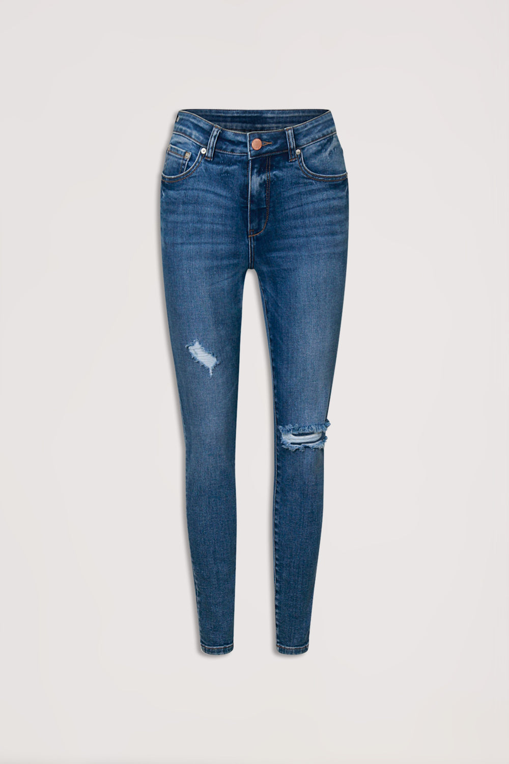 Mid-blue womens skinny jeans with subtle distressing and a high-rise waist, displayed against a neutral background