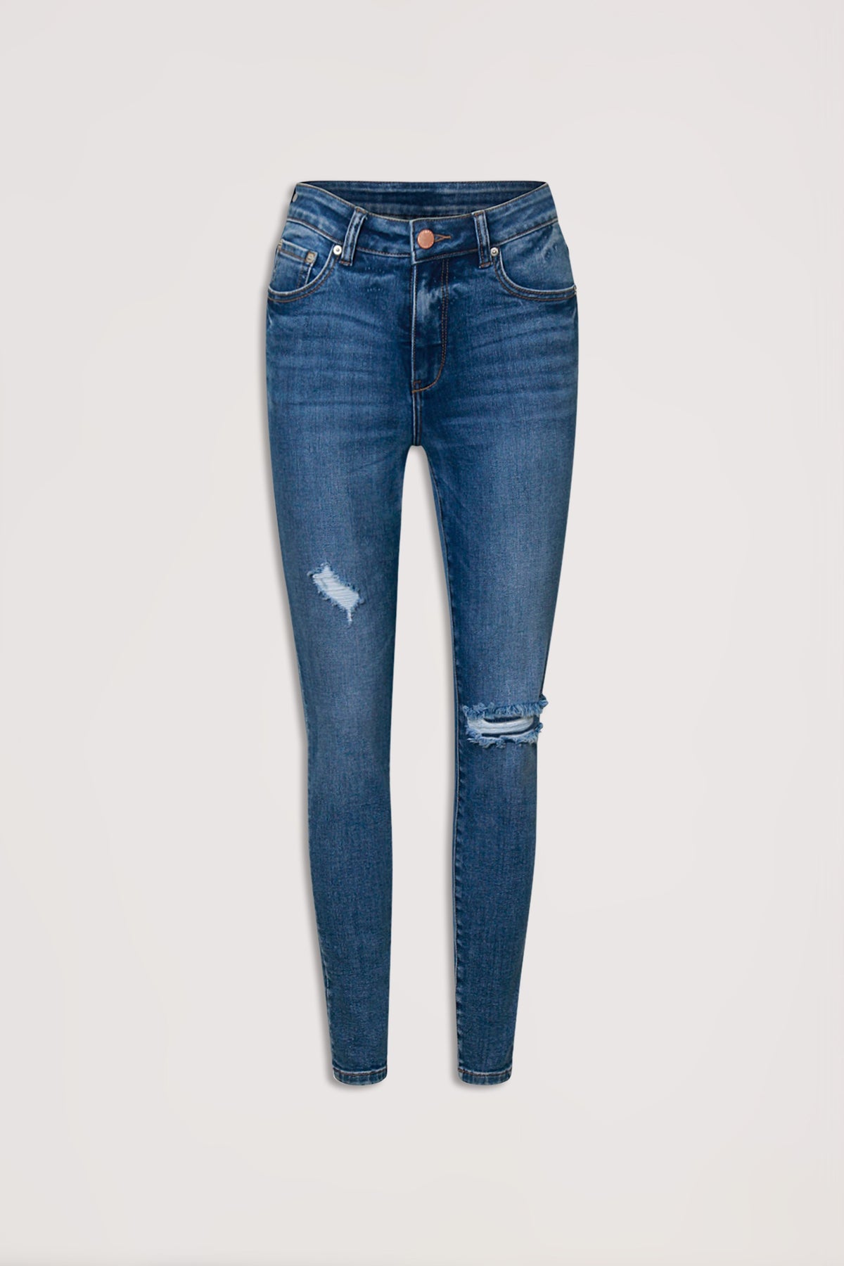 Mid-blue womens skinny jeans with subtle distressing and a high-rise waist, displayed against a neutral background