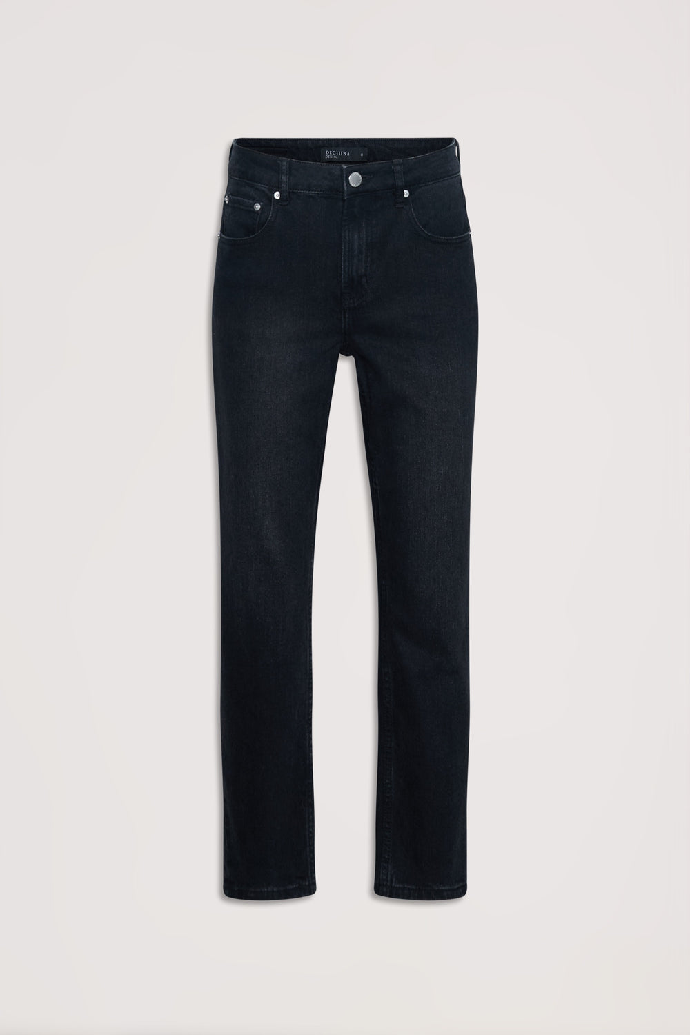 Straight-leg black denim jeans with classic five-pocket styling and a mid-rise waist for everyday versatility.