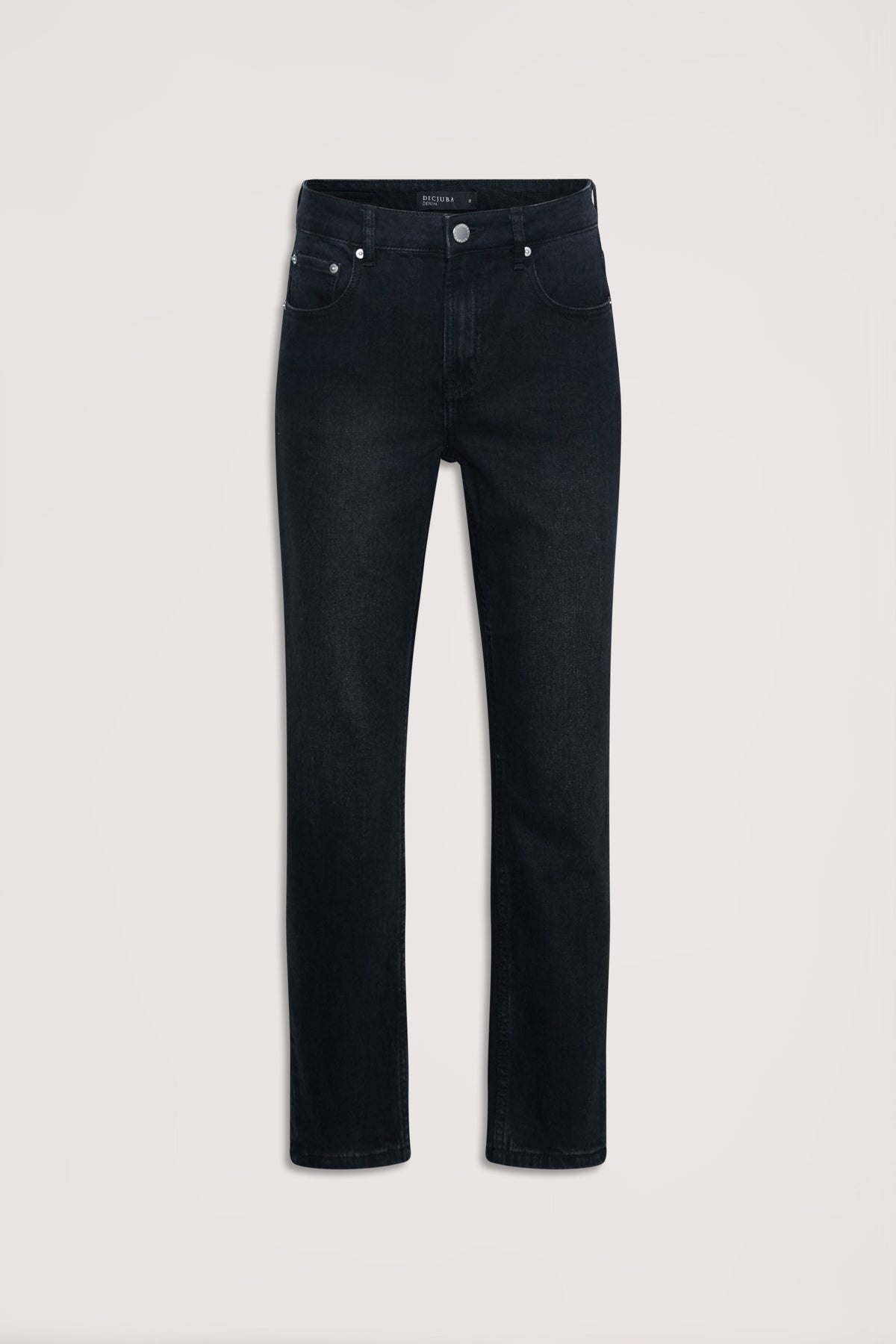 Straight-leg black denim jeans with classic five-pocket styling and a mid-rise waist for everyday versatility.