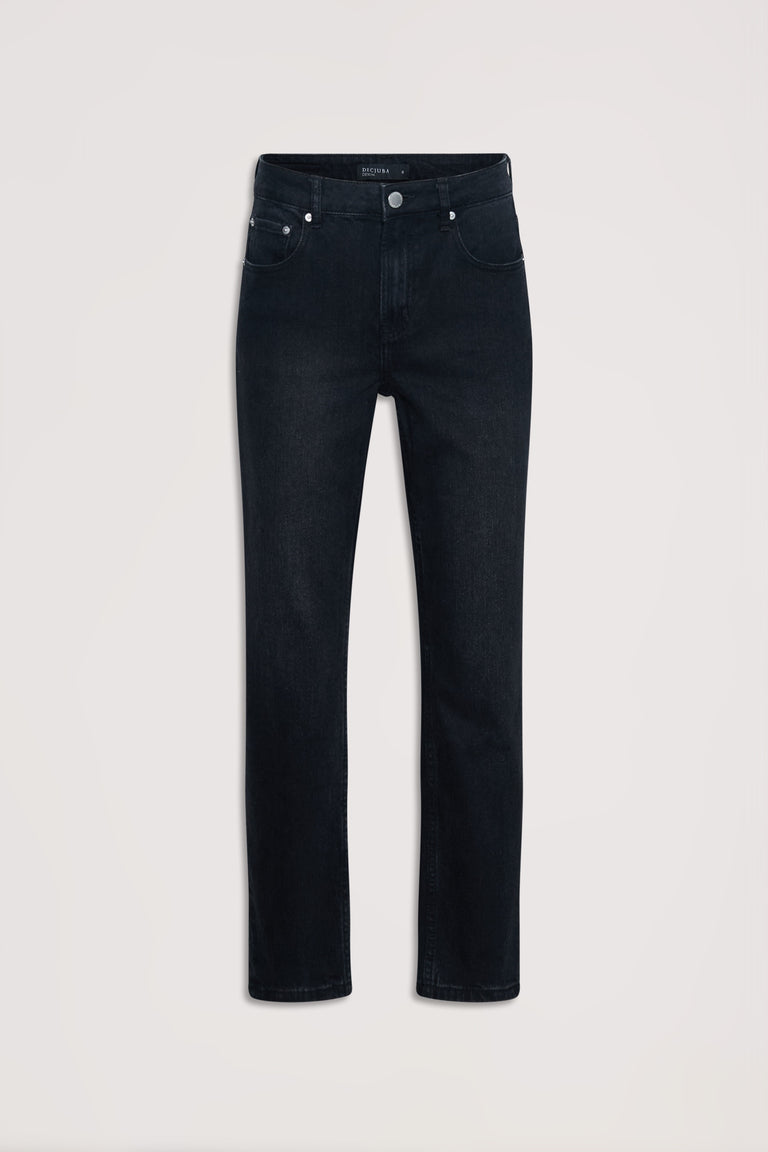 Straight-leg black denim jeans with classic five-pocket styling and a mid-rise waist for everyday versatility.