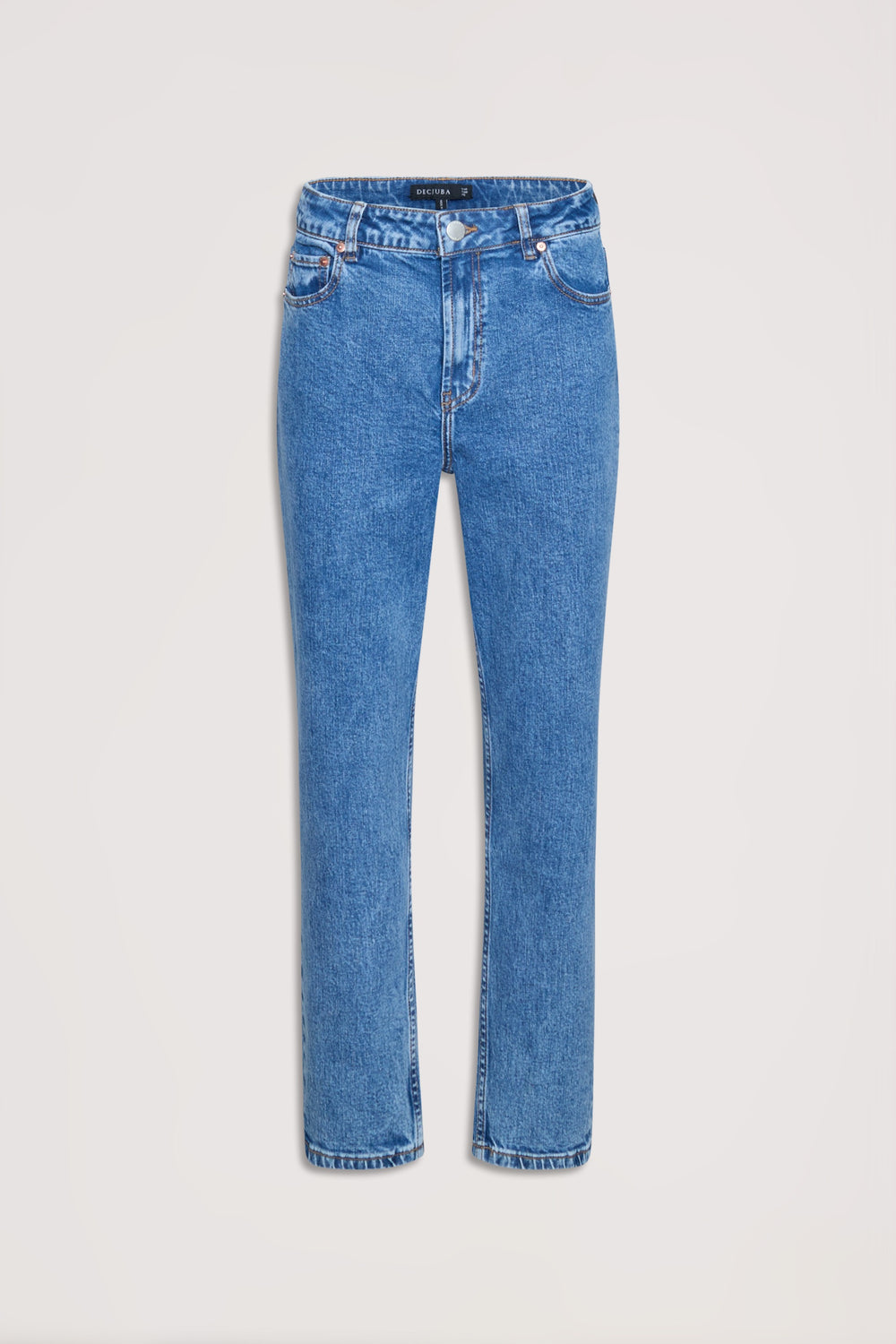 Classic mid-rise blue denim jeans with a straight leg cut, offering a timeless and versatile everyday style.