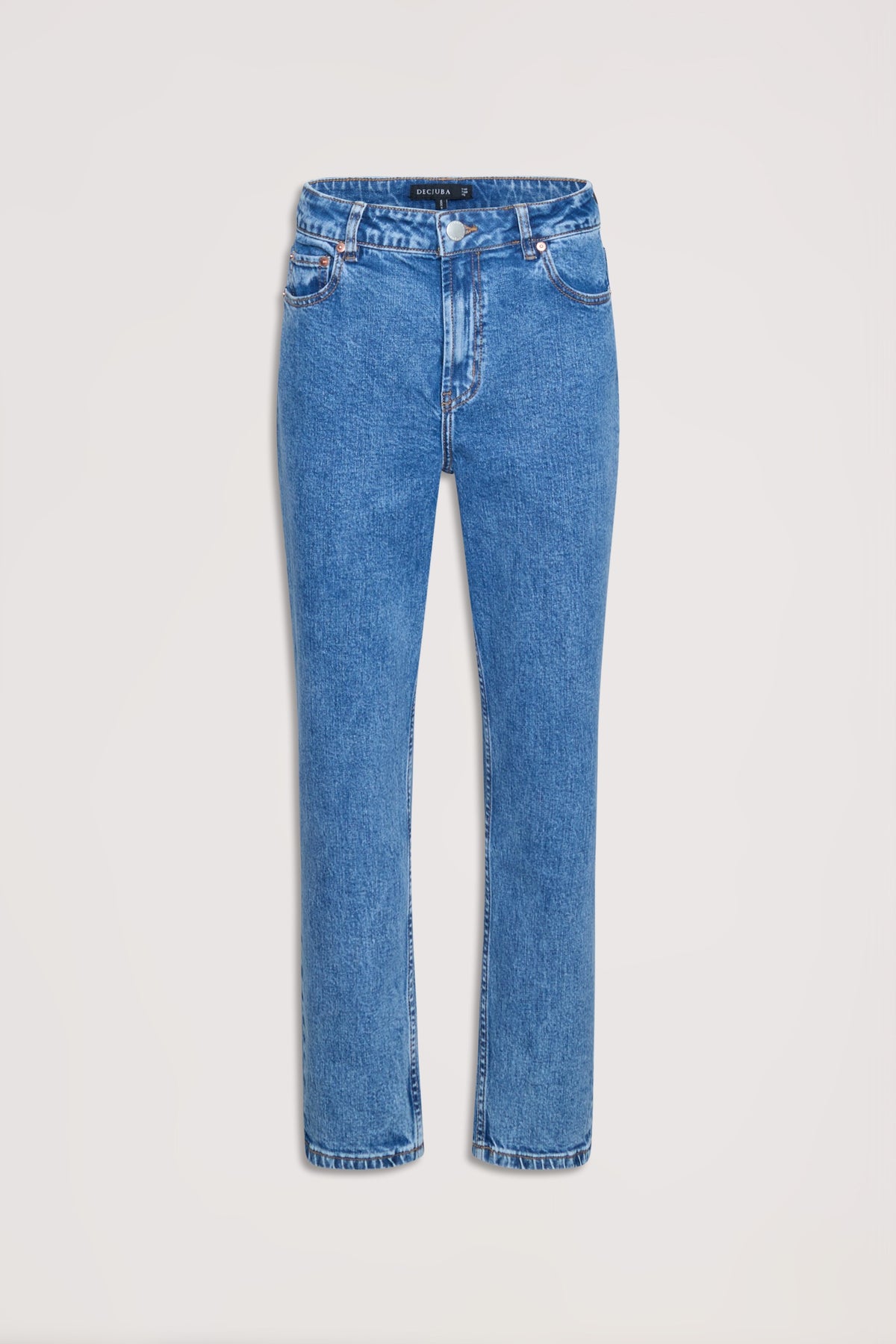 Classic mid-rise blue denim jeans with a straight leg cut, offering a timeless and versatile everyday style.