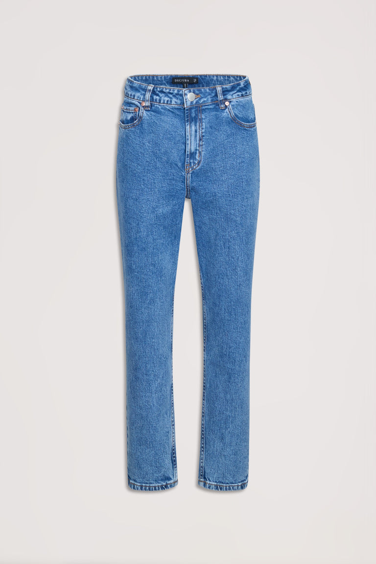 Classic mid-rise blue denim jeans with a straight leg cut, offering a timeless and versatile everyday style.