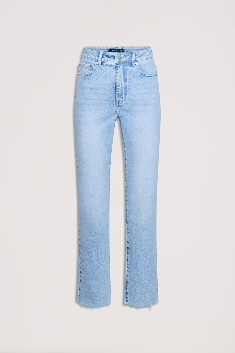 Light blue high rise jeans with straight legs, featuring classic five-pocket styling for a timeless denim look.
