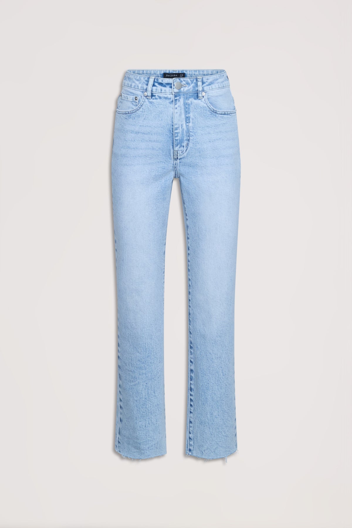 Light blue high rise jeans with straight legs, featuring classic five-pocket styling for a timeless denim look.