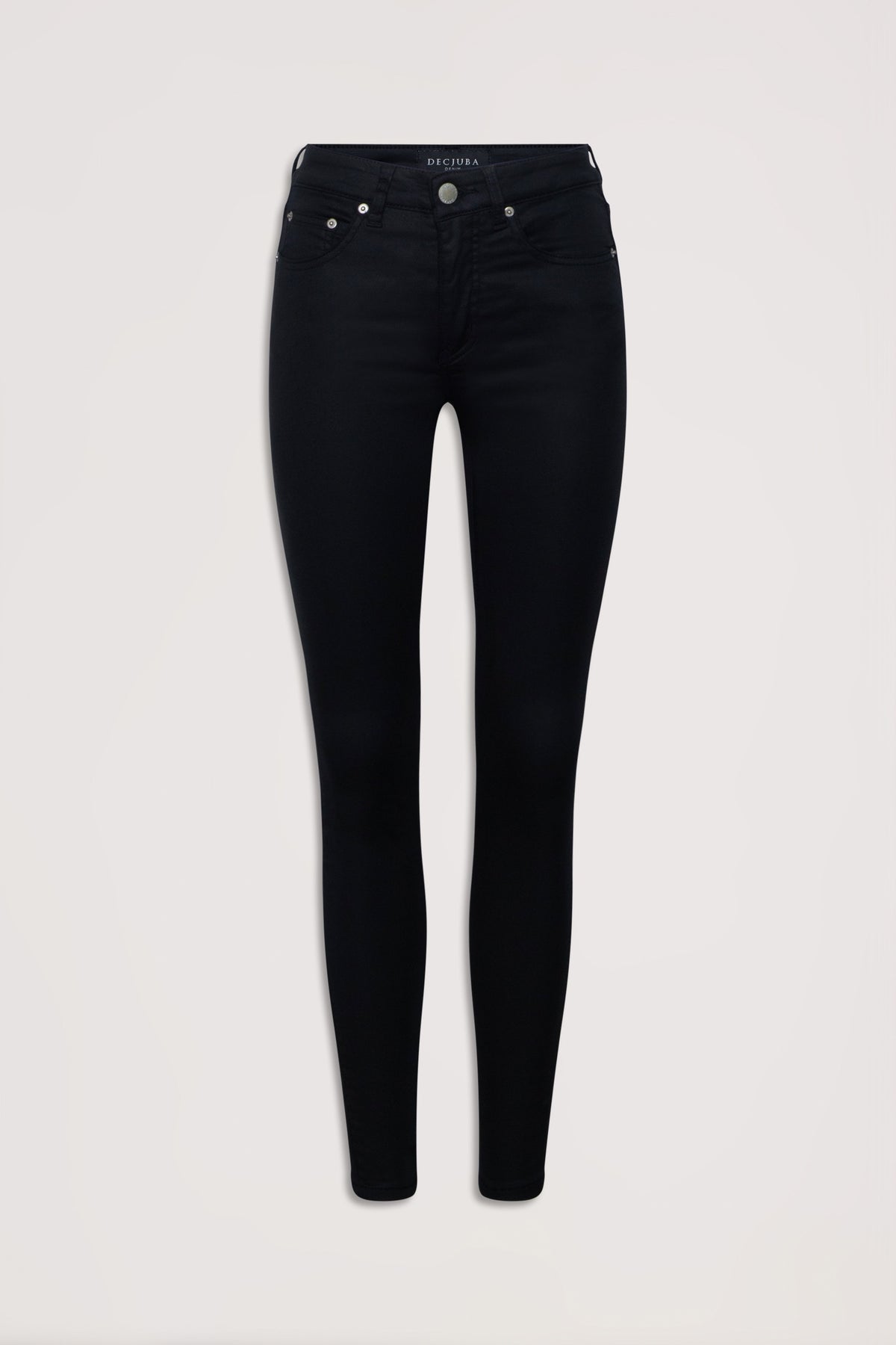 Classic black skinny jeans with a five-pocket design, tailored for a sleek and versatile everyday look.