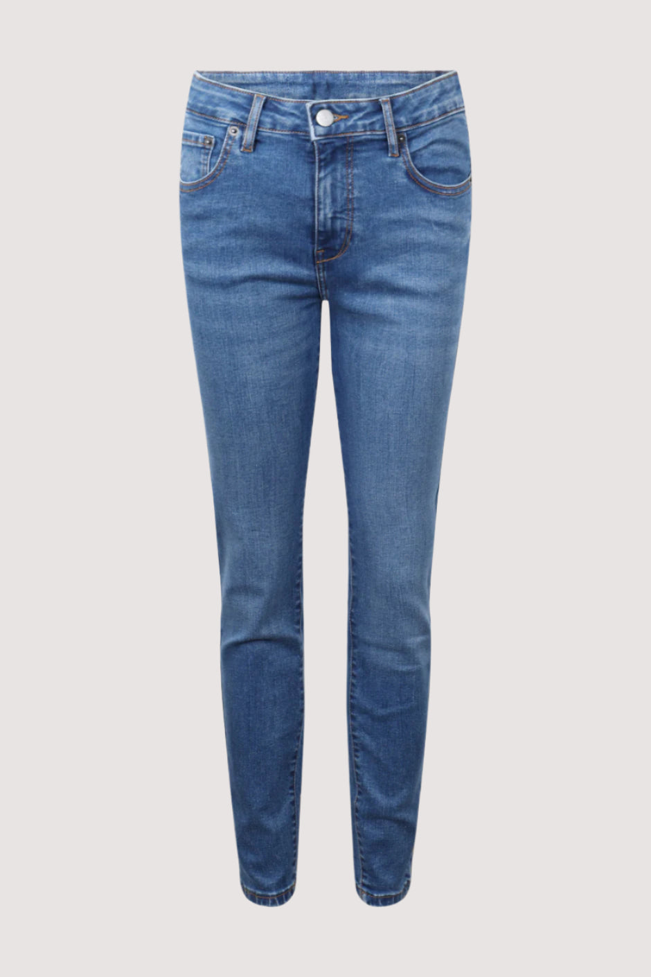 Mid-blue skinny jeans with classic five-pocket styling and subtle fading for a versatile everyday look