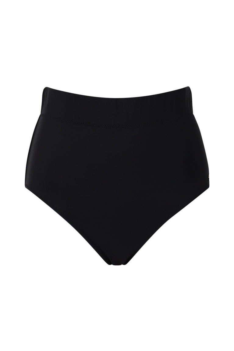 Black ultra high waist bikini bottom with smooth fabric and minimalist, flattering silhouette for everyday wear.