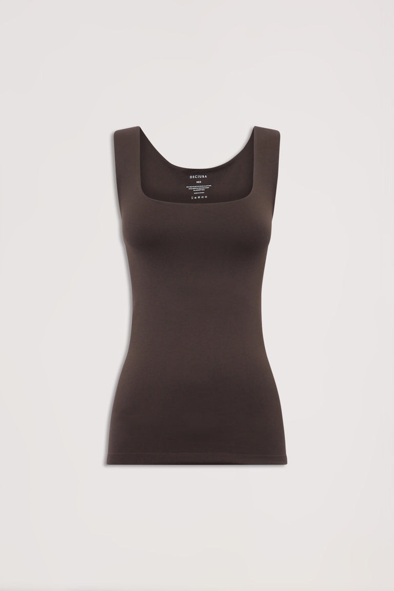 Dark brown seamless fitted tank top with a scoop neckline and wide straps