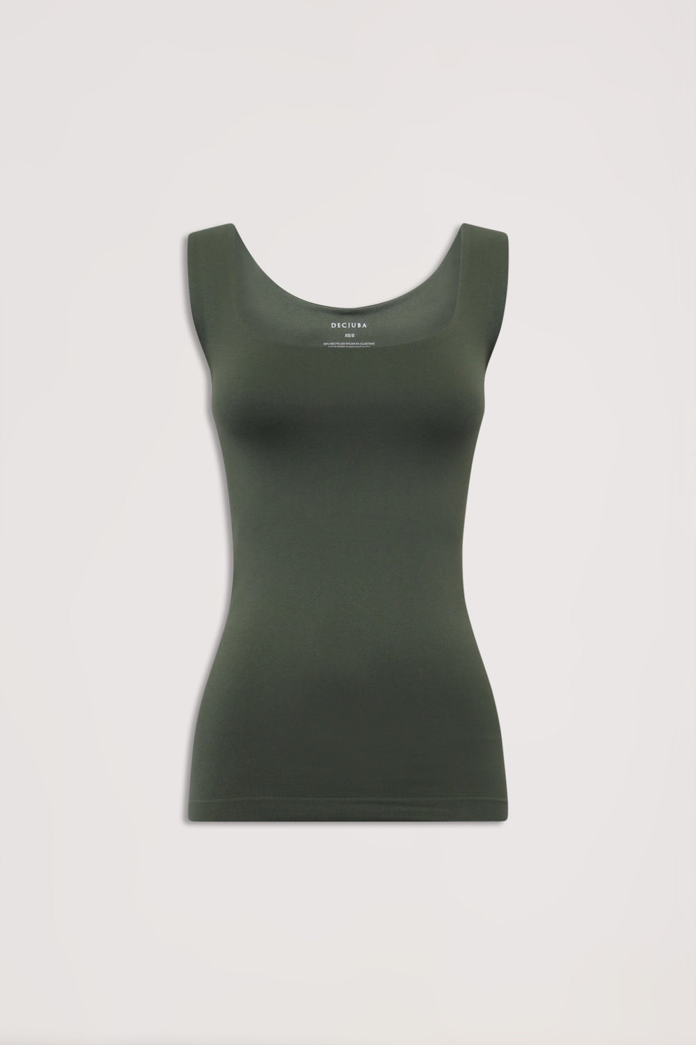 Dark green fitted sleeveless scoop neck tank top on a white background