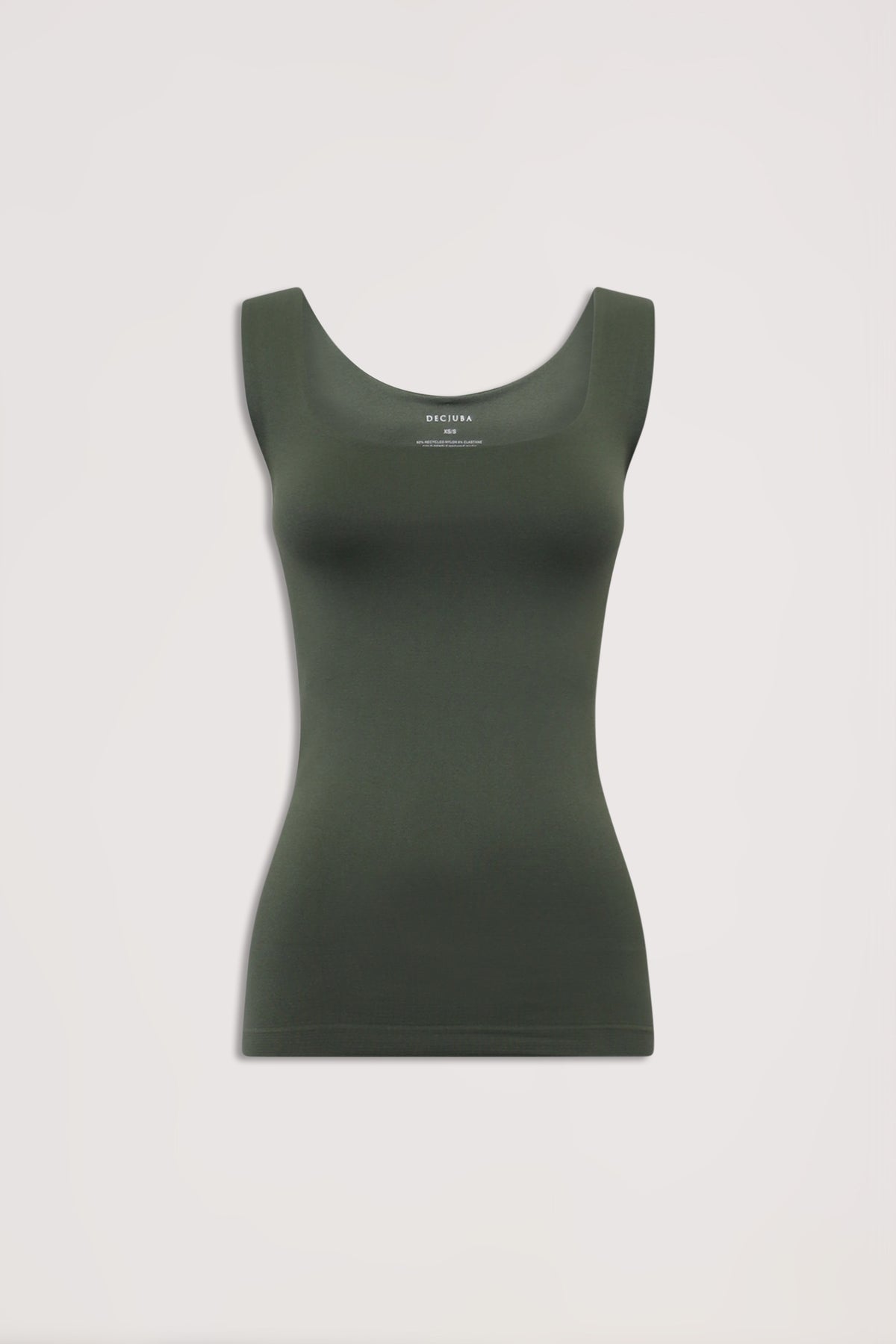 Dark green fitted sleeveless scoop neck tank top on a white background