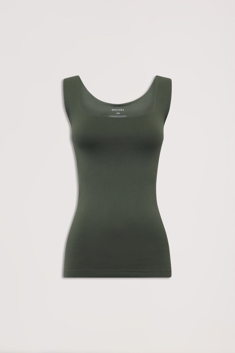 Dark green fitted sleeveless scoop neck tank top on a white background